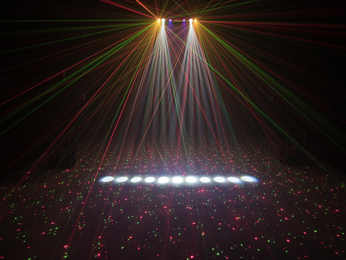 MULTI EFFECT LIGHT SHOW BAR - spot reflektori, točkasti RG laser, black light, stroboskop, osim DMX kontrole reagira i na ritam zvuka