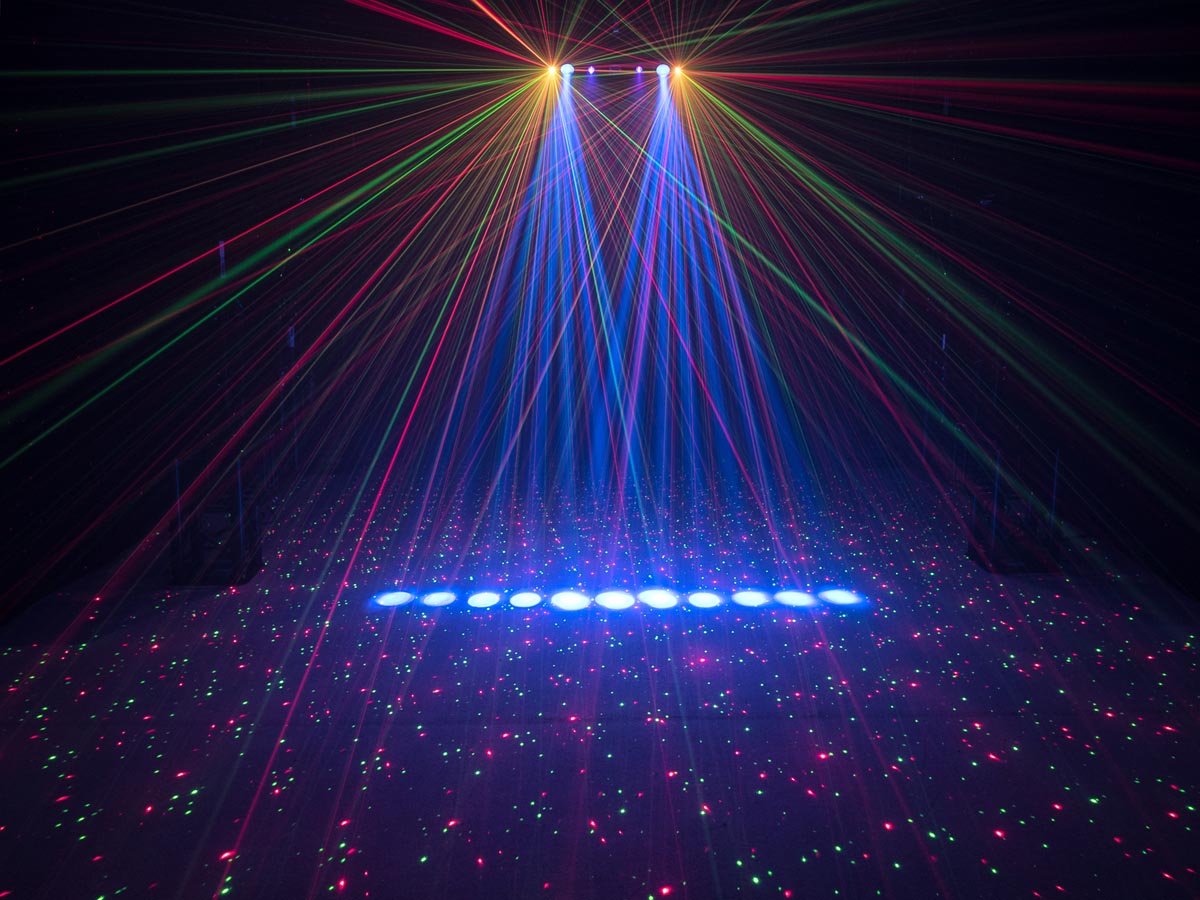MULTI EFFECT LIGHT SHOW BAR - spot reflektori, točkasti RG laser, black light, stroboskop, osim DMX kontrole reagira i na ritam zvuka